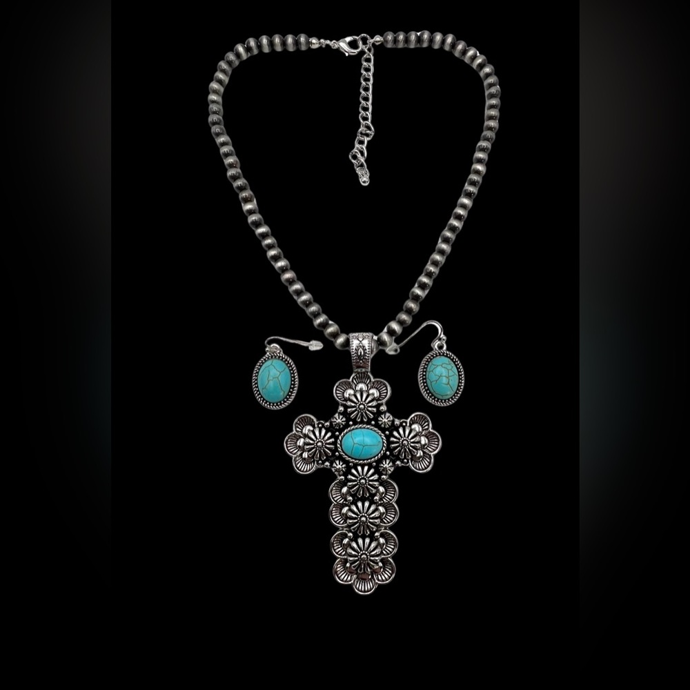 Southwest Faux Navajo Pearl Faux Turquoise Cross Earrings Beaded Necklace Set - Picture 4 of 9